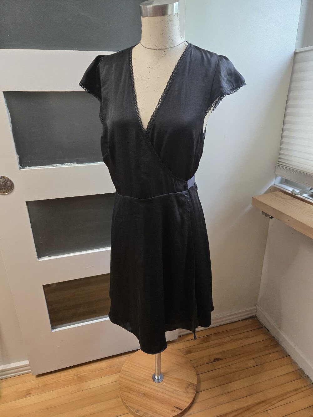 New Wilfred Black Wrap-Style Cap Sleeve Dress